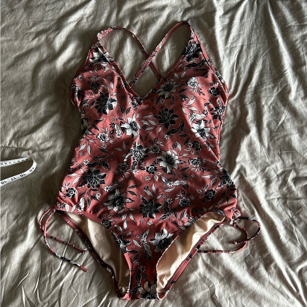 Kona Sol Mauve, Black, White Floral One Piece Swimsuit